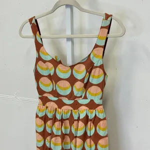 Judith March Brown Geometric Crescent Print Linen Blend Cutout Tie Back Dress S thumbnail 5