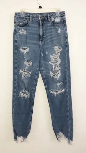 12 Long American Eagle Outfitters High-Rise Distressed Blue Mom Jeans thumbnail 1