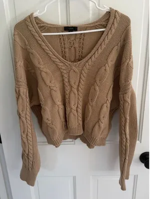 J.Crew V-Neck Cable Knit Sweater‎ Desert Camel Cotton Blend Large thumbnail 1