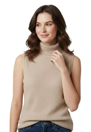 Feel The Piece Oatmeal Sleeveless Knit Turtleneck Top M/L Ribbed Luxe Boho thumbnail 1