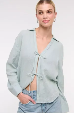 Abercrombie & Fitch Long-Sleeve Oversized Tie-Front Gauzy Shirt Size L thumbnail 1