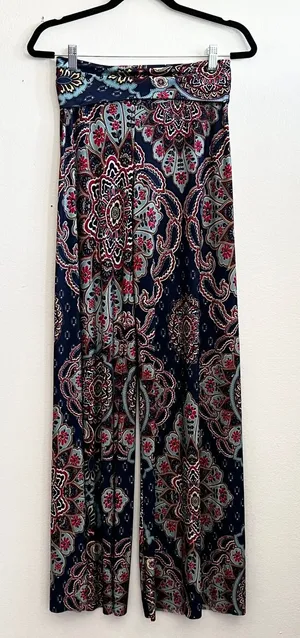 Blue Paisley Palazzo Pants Wide Leg Boho‎ Bohemian Festival Retro Small thumbnail 1