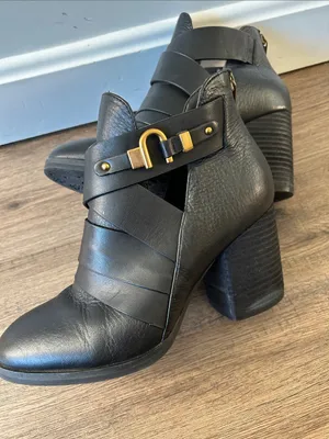 Isola |Black Leather Crisscross Ankle Booties with Gold Buckle sz 7M thumbnail 6