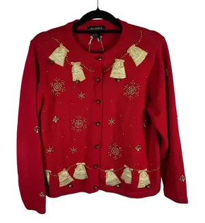 All Points Red Christmas Cardigan Sweater‎ Gold Bells Beaded Snowflakes Large thumbnail 1