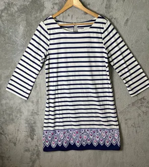 Lilly Pulitzer Beacon Dress Navy Stripe 3/4 Sleeve Preppy‎ Coastal Resort Large thumbnail 1