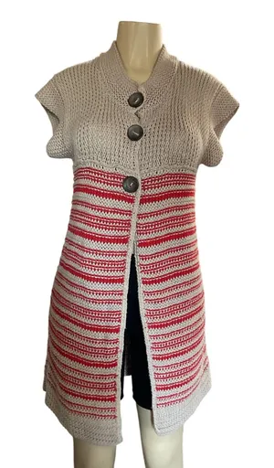 Free People Long Knit Sweater Vest Cardigan Button Front Striped Red Beige S thumbnail 1