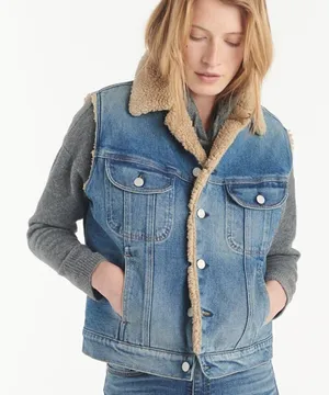 Y2k 00s Gap denim vest with faux fur‎ tan collar and lining Size M C25 thumbnail 1