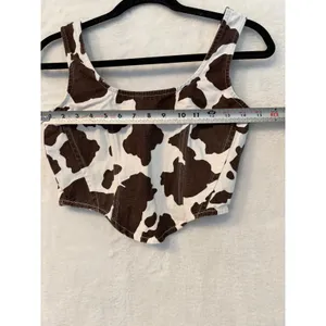Lone Star Cow Print Corset Top Womens Small Brown White Denim Smocked Crop Tank thumbnail 4