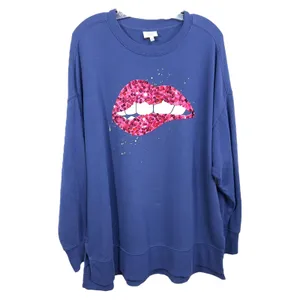 Cabana Crown & Ivy Large Sweatshirt Sequin Lips Pullover Crew Neck Blue‎ 850 thumbnail 2