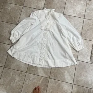 Free People cherry White Cotton Victorian Mini Dress Pleated Bib Pockets XS thumbnail 2