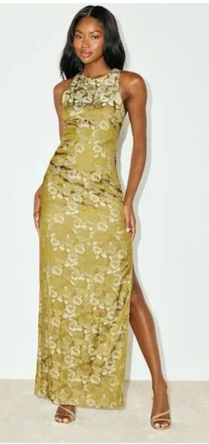 Lulus Lamila Chartreuse Floral Satin Column Maxi Dress Size Large thumbnail 1