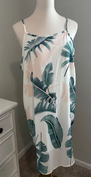 Tropical Leaf‎ Print Slip Dress Green Pink White Summer Vacation Mini Dress thumbnail 1