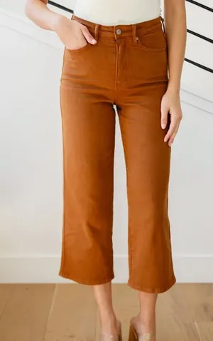 Judy Blue Rust Brown Cropped High-Rise Wide Leg Jeans thumbnail 1