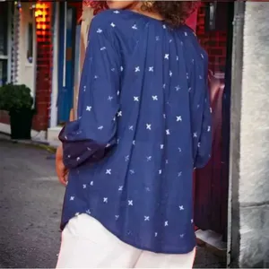 ROLLER RABBIT Blue Embroidered‎ Cotton Tunic Blouse Small S Boho V-Neck Slit Top thumbnail 2