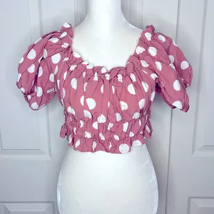Zara Smocked Polka Dot Linen Crop Top Off-Shoulder Size Small thumbnail 3