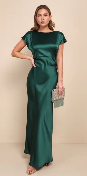 NWT Lulus Captivating Presence Forest Green Satin Cowl Back Maxi Dress Formal 2X thumbnail 1