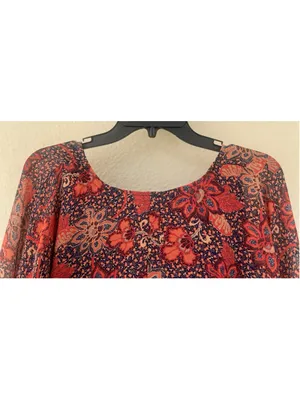 Free People Teegan Mini Dress M Peach Combo Floral V Neck Boho Western Festival thumbnail 5