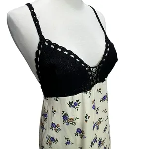 Zara Crochet Satin Maxi Slip Dress Black Cream‎ Lavender Floral Boho Festival S thumbnail 5