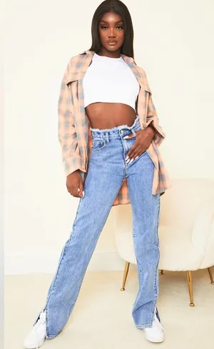 PrettyLittleThing Ripped Waistband High Waist Split Hem Jeans, Size 2 Tall, NWOT thumbnail 1