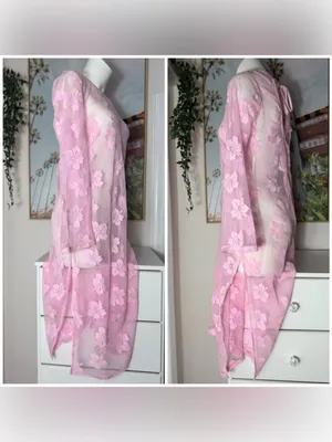 Women's Pink Floral Lace Fishnet Mesh Sheer Long Sleeve Midi Dress Cover Up M/L thumbnail 5