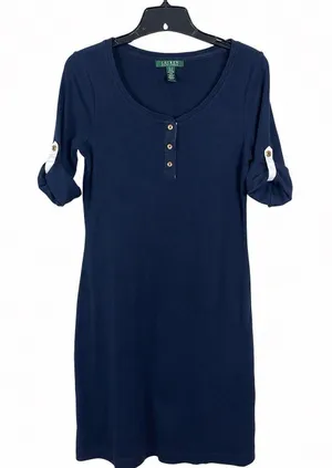 Ralph Lauren Navy Blue 100% Cotton Henley Shirt Dress Roll Tab Sleeve S thumbnail 1