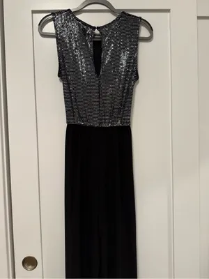 Black Sequin Bodice Evening Capri Jumpsuit with Waist Tie thumbnail 7