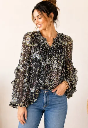 LOFT Black Floral Sheer Ruffle Sleeve Mock Neck Blouse Sz M thumbnail 1