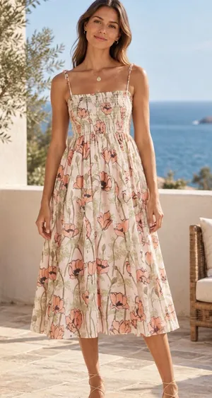 Tory Burch Poplin Midi Pink Poppies Bloom dress Size L thumbnail 1