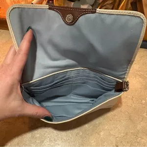 COACH Purse Wrist Clutch Snap Wallet Blue Lined Cream & Brown Leather thumbnail 11