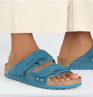 Birkenstock Double-Strap Nubuck-Suede Deep Turquoise Leather Slide Sandals thumbnail 1