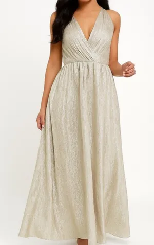 Lulus All that Shimmers is Gold Light Gold Maxi Plunging Neck Dress Size XS thumbnail 1