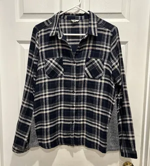 Hem & Thread Navy Blue Plaid Mixed Media Knit‎ Back Flannel Shirt Womens Large thumbnail 1