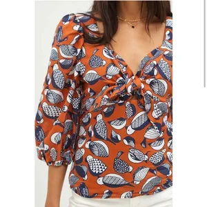 ANTHROPOLOGIE EVA FRANCO Tropical Birds‎ Blouse Sweetheart Neckline Puff Sleeve thumbnail 8