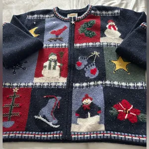 ALBOTS Vintage 90s Talbots Patchwork Christmas Winter Wool Cardigan Sweater XL. thumbnail 3