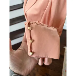 Mac Duggal Warm Pink Satin Blouson Sleeve Ruffle Midi Wrap Cocktail Party Dress thumbnail 7