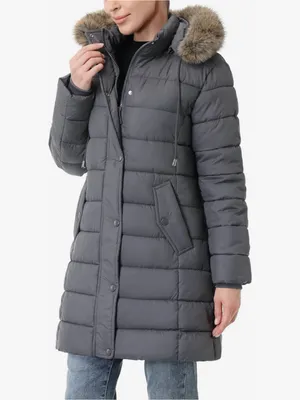 Women's Gray Quilted Long Puffer Coat with Faux-Fur Trim Hood thumbnail 3