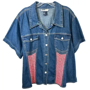VTG Adriana Plus Size 26 Denim Top Y2K Button Red‎ Floral Patchwork Western 551 thumbnail 1