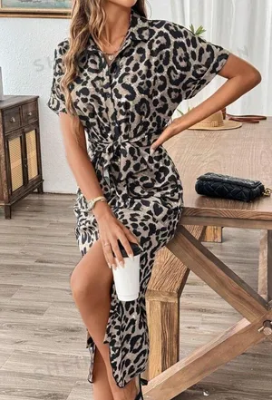 Abstract Print (NOT Animal Print) Short Sleeve Button Down Tie Dress thumbnail 6
