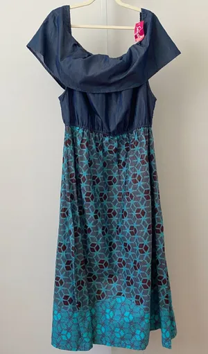 Saish Cotton Boho Beachy Relaxed Lagenlook Off Shoulder Maxi Dress Free Blue thumbnail 1