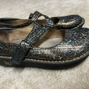 ALEGRIA DAYNA leopard stripes Mary Jane’s SZ 39 metallic NUBUCK— very clean thumbnail 10