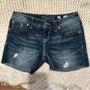 Miss Me Women Cut Off Shorts sz 27 Blue Denim Bling Distressed used to be long thumbnail 1