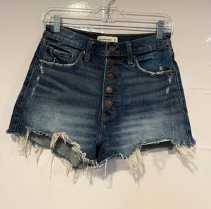 Abercrombie & Fitch Distressed Dark‎ Blue Denim Button-Front Mom Shorts thumbnail 1