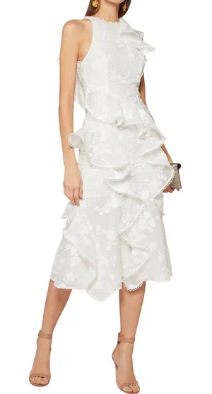 KEEPSAKE The Label White Floral Embroidered Ruffle Midi Dress Bridal Romantic thumbnail 1