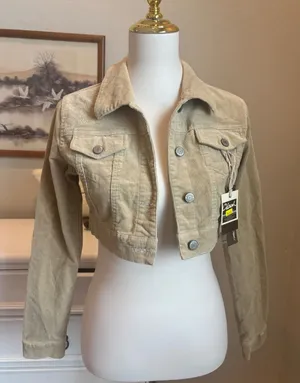 Cropped Corduroy Jacket Tan Beige Rhinestone Y2K Vintage Style Trucker XS NWT thumbnail 1