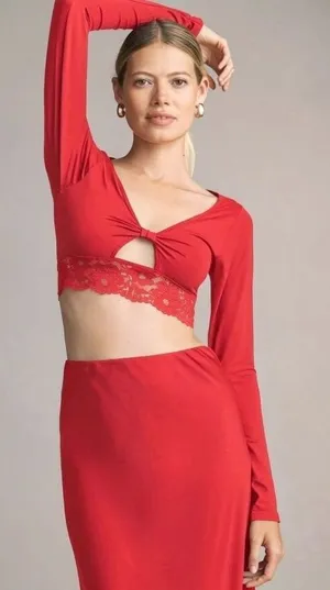 Anthropologie S/M Lace-Trim Cutout Long-Sleeve Crop Top Red Coquette Ballet Sexy thumbnail 1