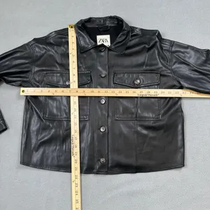 Zara Women Faux Leather Shirt Jacket S Black Shacket Button Up Moto Pockets Rock thumbnail 4