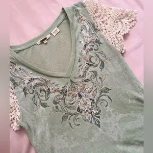 Miss Me Sage Green Top with Cream Lace Sleeves thumbnail 4