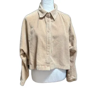 Forever 21 Button Up Shirt Jacket Shacket Tan Corduroy Cropped Boxy Minimalist L thumbnail 3