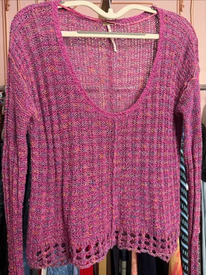 Free People Pink Multicolor Marled Knit V Neck Sweater Open Knit Boho Pullover thumbnail 3