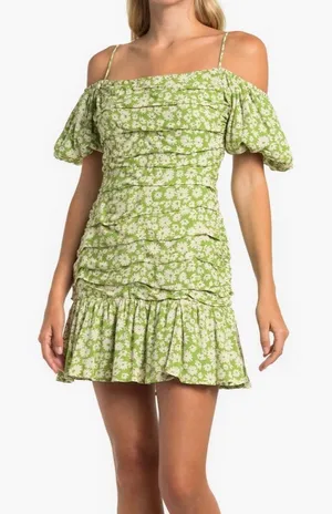ASTR Green Ruched Floral Mini Dress, Medium thumbnail 1